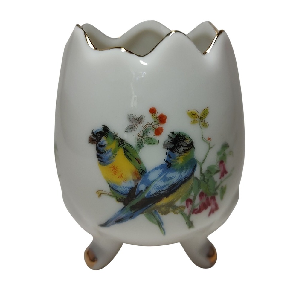 Small Cracked Porcelain Egg With Birds Three Legged Gold Trim Japan Vintage  SEE